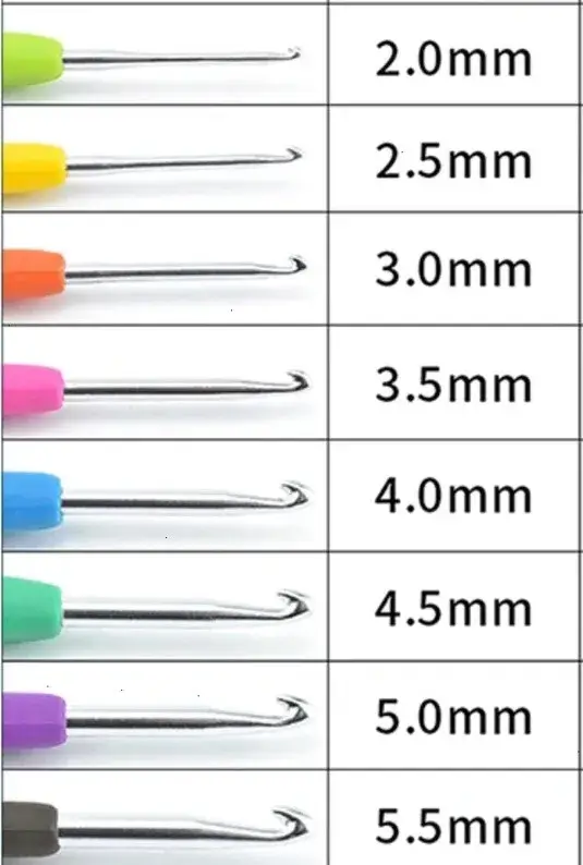 Crochet hook size chart showing hooks from 2.0 mm to 5.5 mm for beginner reference