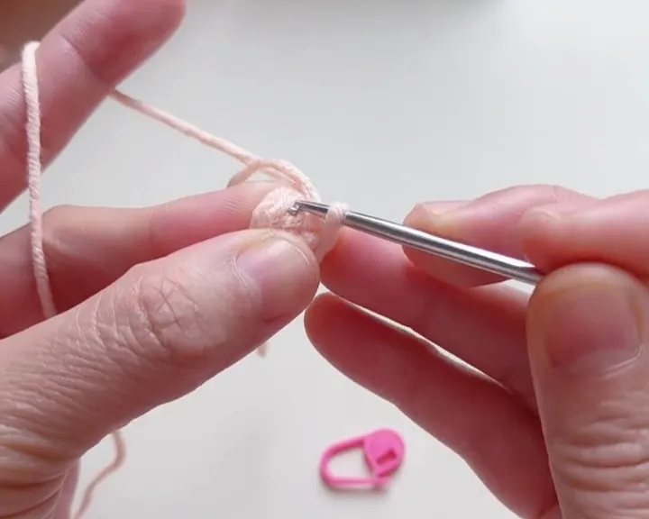 Insert your hook into the first stitch. Insert your hook into the first stitch.