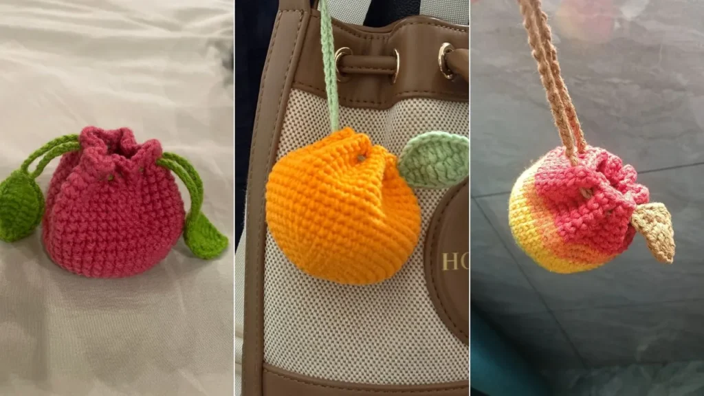 Crochet Orange Drawstring Pouch (Cute Earbud Case Pattern) 1 Mini Crochet Orange Drawstring Pouch (Earbud Case)