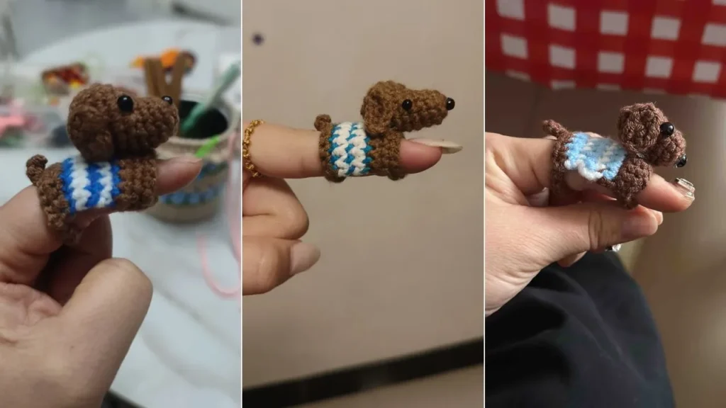 tiny crochet dachshund finger puppet shown from different angles