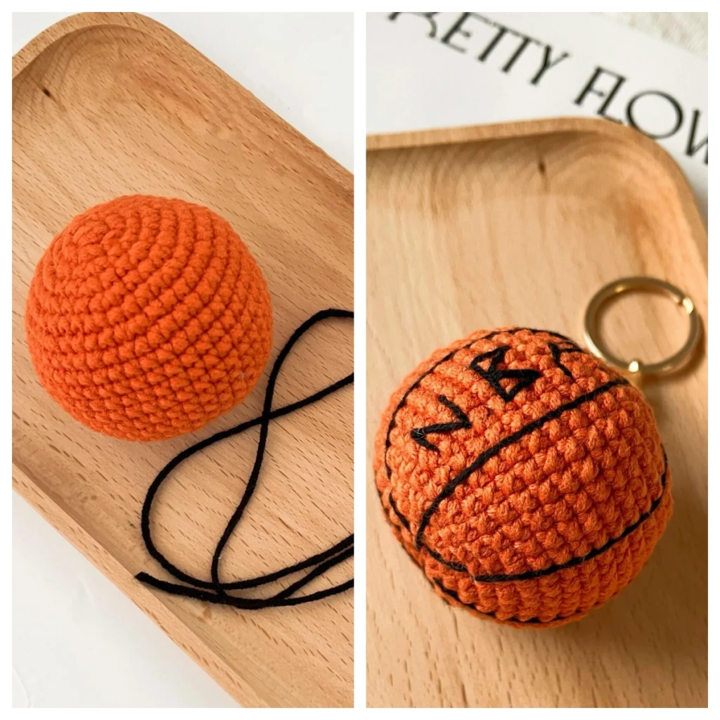 Mini crochet basketball before and after adding black embroidered lines