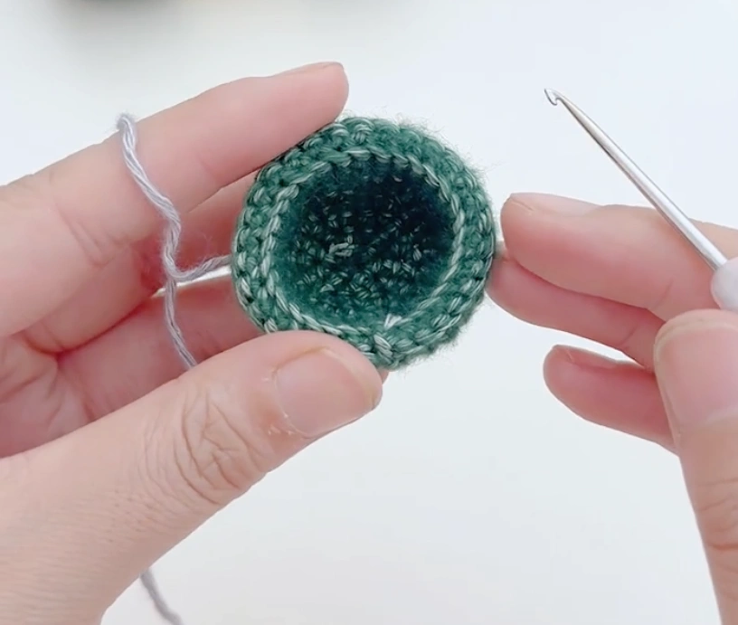 Mini Crochet Turtle Pattern for Beginners: Tiny Amigurumi Turtle 1 Inside view of the green crochet turtle shell showing the unused loops for starting the belly